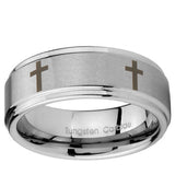 5, 8mm Crosses Step Edge Brushed Tungsten Ring