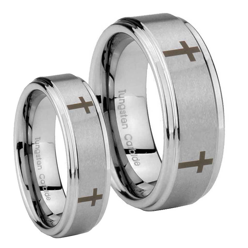 Crosses Step Edges Brushed Tungsten Couple Wedding Bands