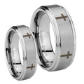 Crosses Step Edges Brushed Tungsten Couple Wedding Bands