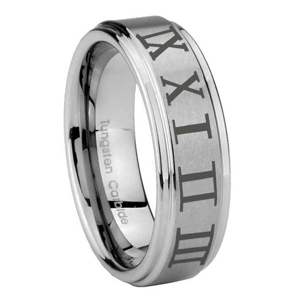 8mm Roman Numeral Step Edges Brushed Silver Tungsten Ring