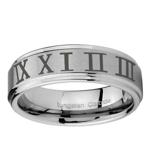 10mm Roman Numeral Step Edge Brushed Tungsten Ring