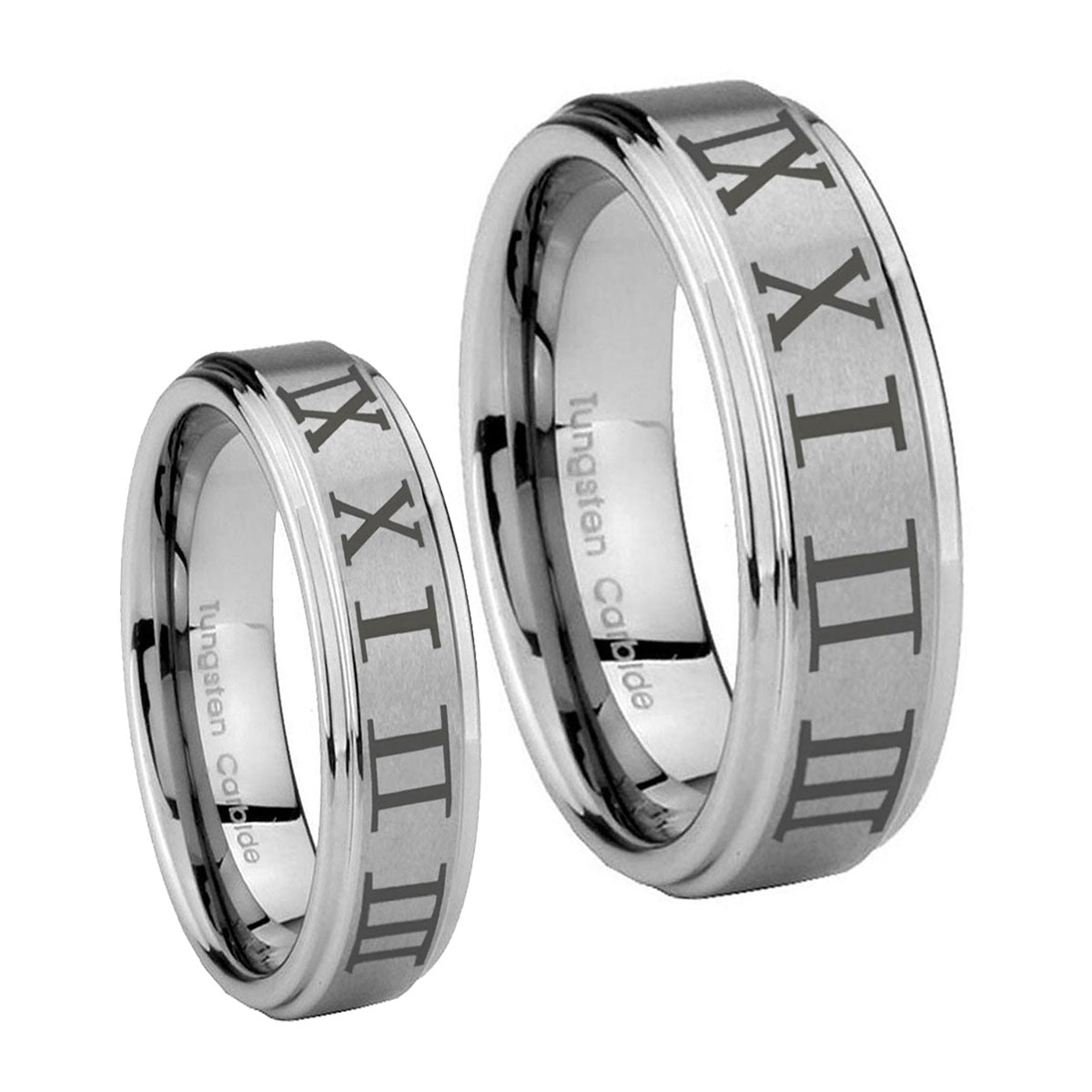Roman Numeral Step Edges Brushed Tungsten Mens Band Set