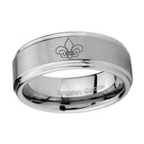 10mm-Fleur-De-Lis-Step-Edges-Brushed-Tungsten-Carbide-Men's-Wedding-Ring