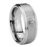 8mm Fleur Delis Step Edges Brushed Tungsten Carbide Mens Anniversary Ring