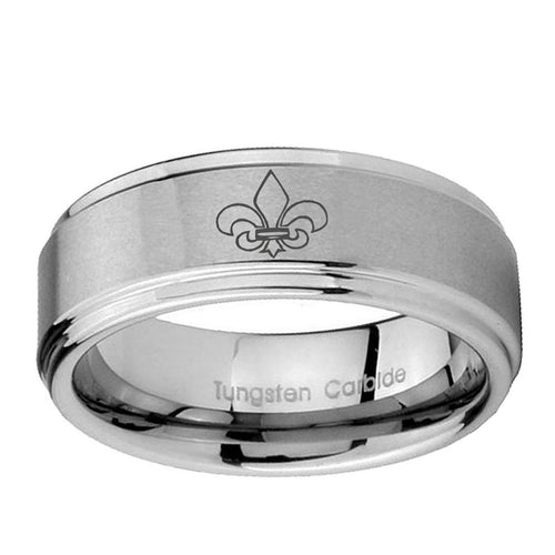 5mm Fleur-De-Lis Step Edges Brushed Silver Tungsten Ring