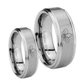 Fleur De Lis Step Edges Brushed Tungsten Engagement Ring Set