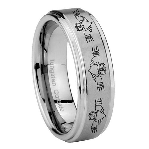 10mm Irish Claddagh Step Edges Brushed Tungsten Carbide Mens Wedding Band