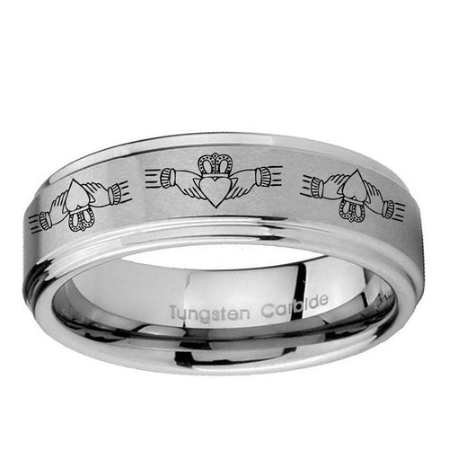 10mm Irish Claddagh Step Edge Brushed Tungsten Ring