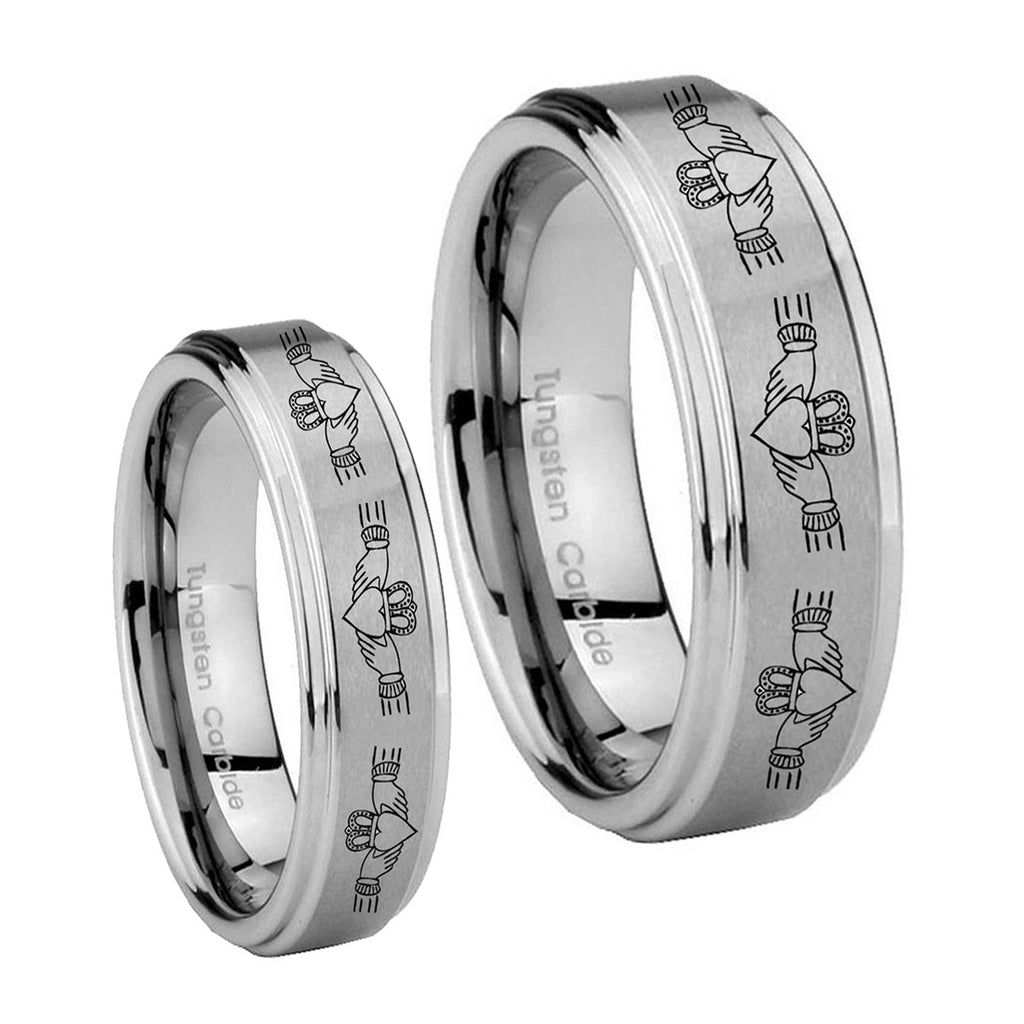 Irish Claddagh Step Edges Brushed Tungsten Wedding Ring Sets