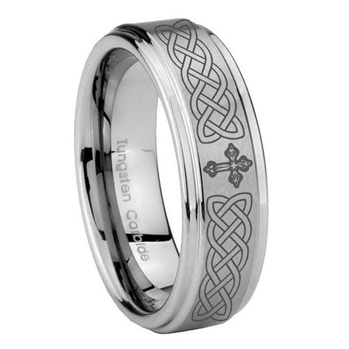 8mm Celtic Cross Step Edges Brushed Silver Tungsten Ring