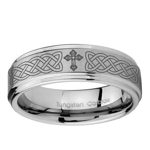 5mm Celtic Cross Step Edges Brushed Silver Tungsten Ring