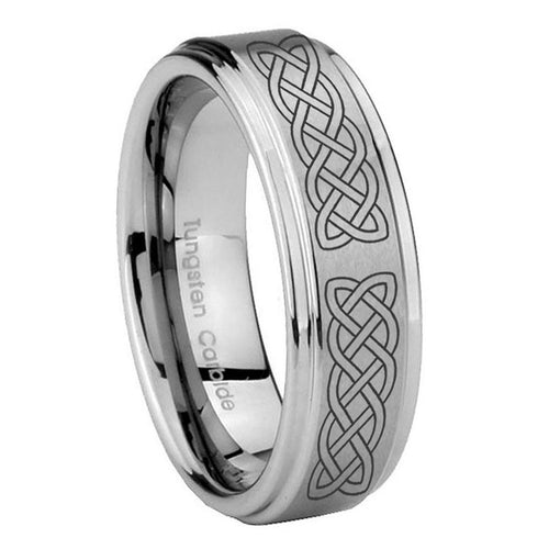 8mm Celtic Knot Step Edges Brushed Silver Tungsten Ring