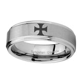 8mm-Maltese-Cross-Step-Edges-Brushed-Tungsten-Carbide-Men's-Band-Ring