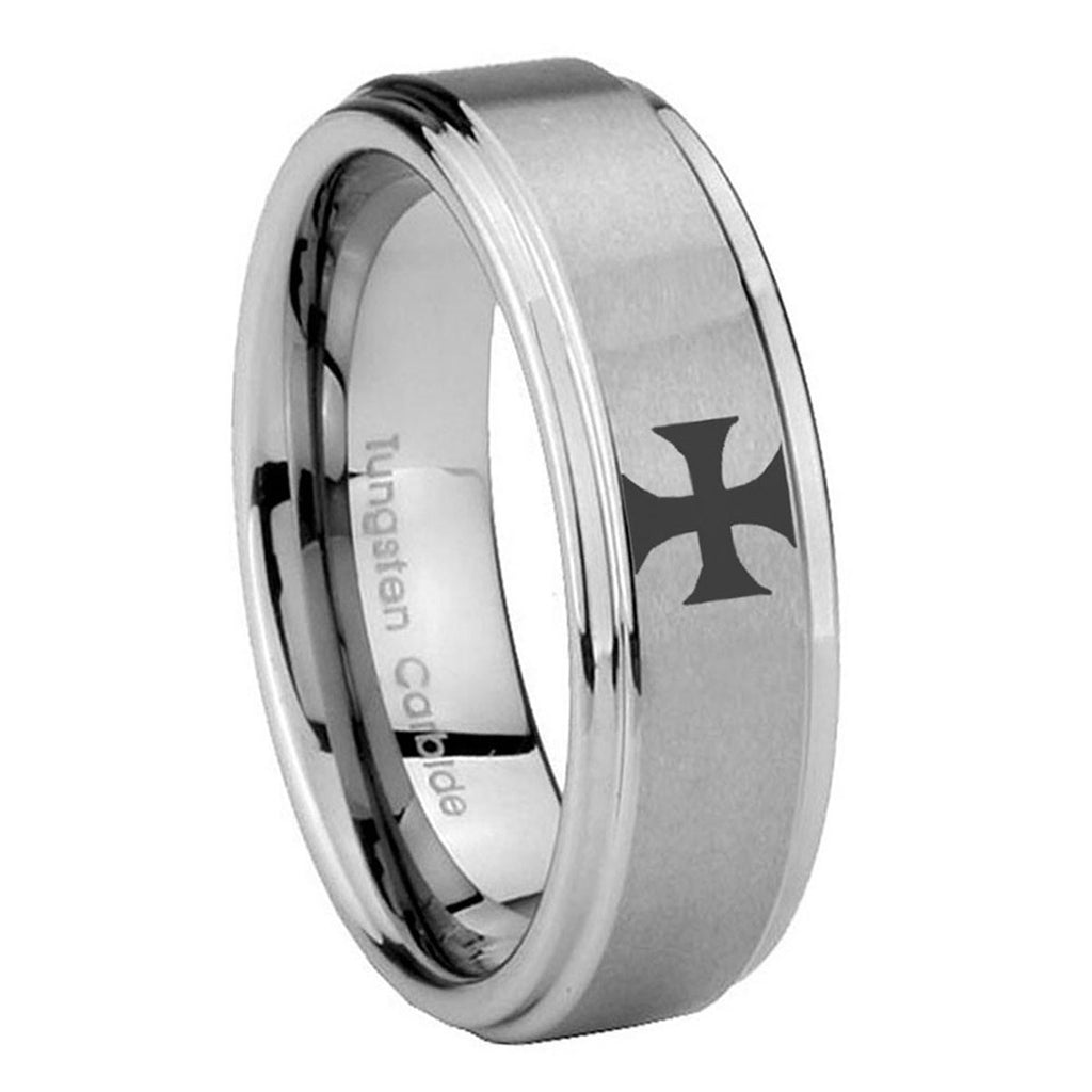8mm Maltese Cross Step Edges Brushed Silver Tungsten Ring