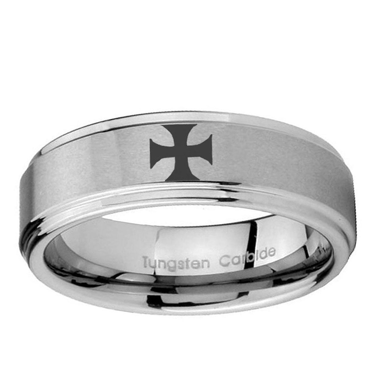 5mm Maltese Cross Step Edges Brushed Silver Tungsten Ring