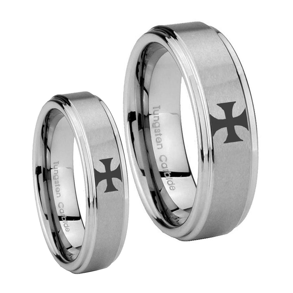Maltese Cross Step Edges Brushed Tungsten Wedding Band Set