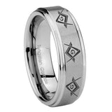 8mm Master Mason Masonic Step Edges Brushed Tungsten Carbide Mens Bands Ring