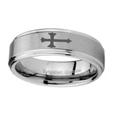 8mm-Christian-Cross-Step-Edges-Brushed-Tungsten-Carbide-Men's-Bands-Ring