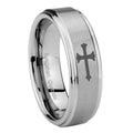 8mm Christian Cross Step Edges Brushed Silver Tungsten Band