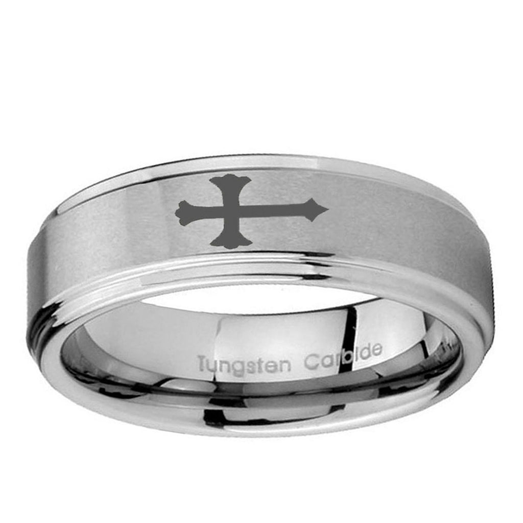 5mm Christian Cross Step Edges Brushed Silver Tungsten Band