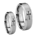 Christian Cross Step Edges Brushed Tungsten Mens Band Set