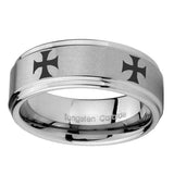 10mm-4-Maltese-Cross-Step-Edges-Brushed-Tungsten-Carbide-Engraved-Ring