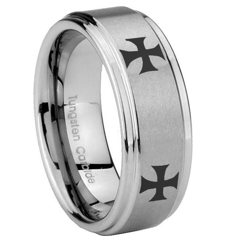 10mm 4 Maltese Cross Step Edges Brushed Tungsten Carbide Engraved Ring