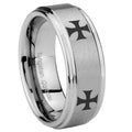 8mm 4 Maltese Cross Step Edges Brushed Silver Tungsten Bands