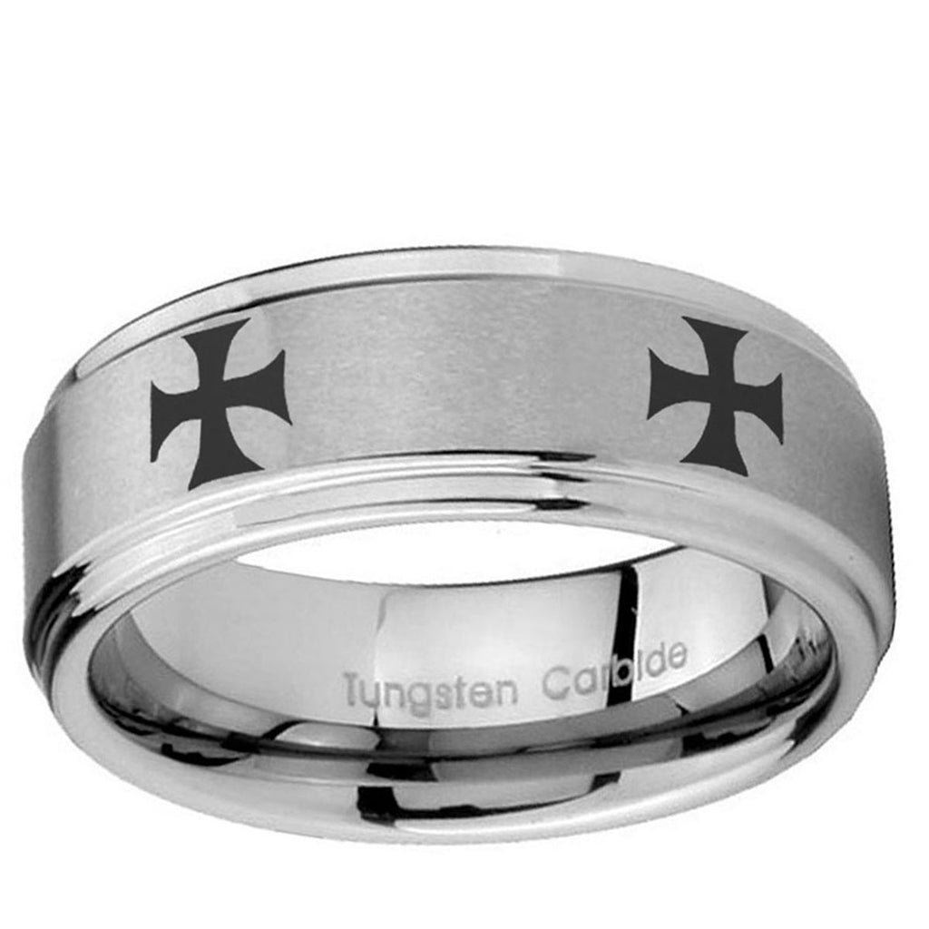10mm 4 Maltese Cross Step Edge Brushed Tungsten Ring