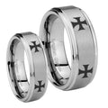 4 Maltese Cross Step Edges Brushed Tungsten Bridal Set Rings