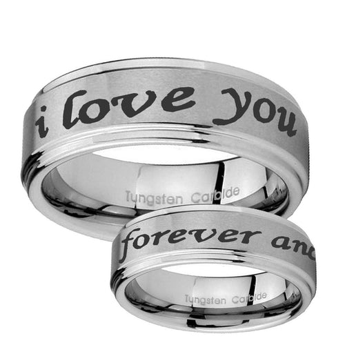 10mm I Love You Forever and ever Step Edge Brushed Tungsten Wedding Band Mens