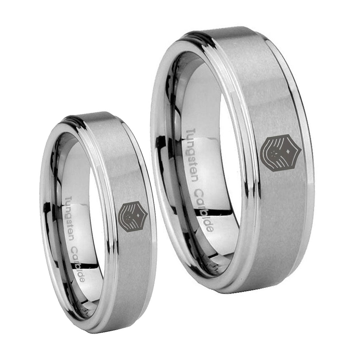 Chief Master Sergeant Vector Step Edges Brushed Tungsten His And Hers Ring