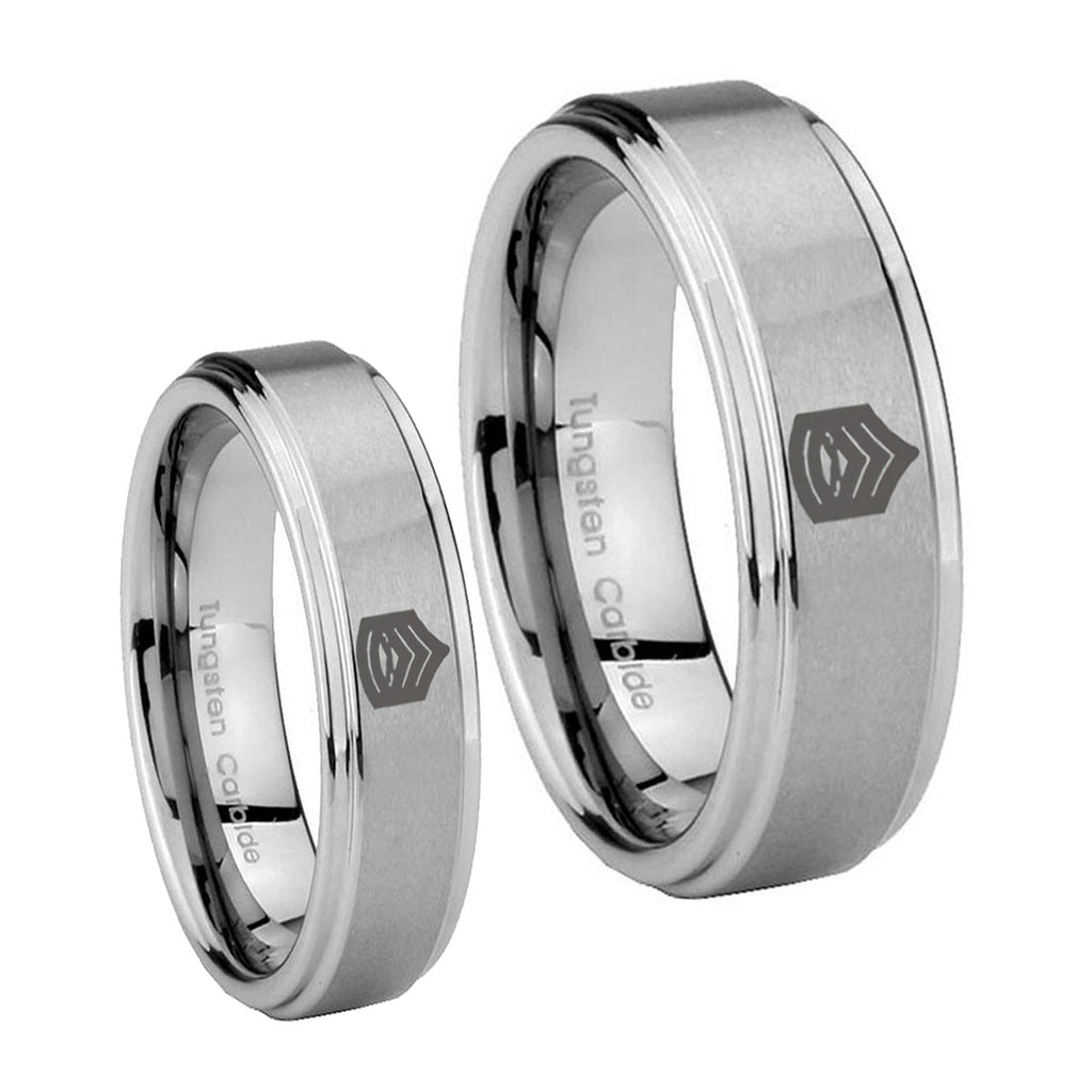 Army Sergeant Major Step Edges Brushed Tungsten Engagement Ring Set