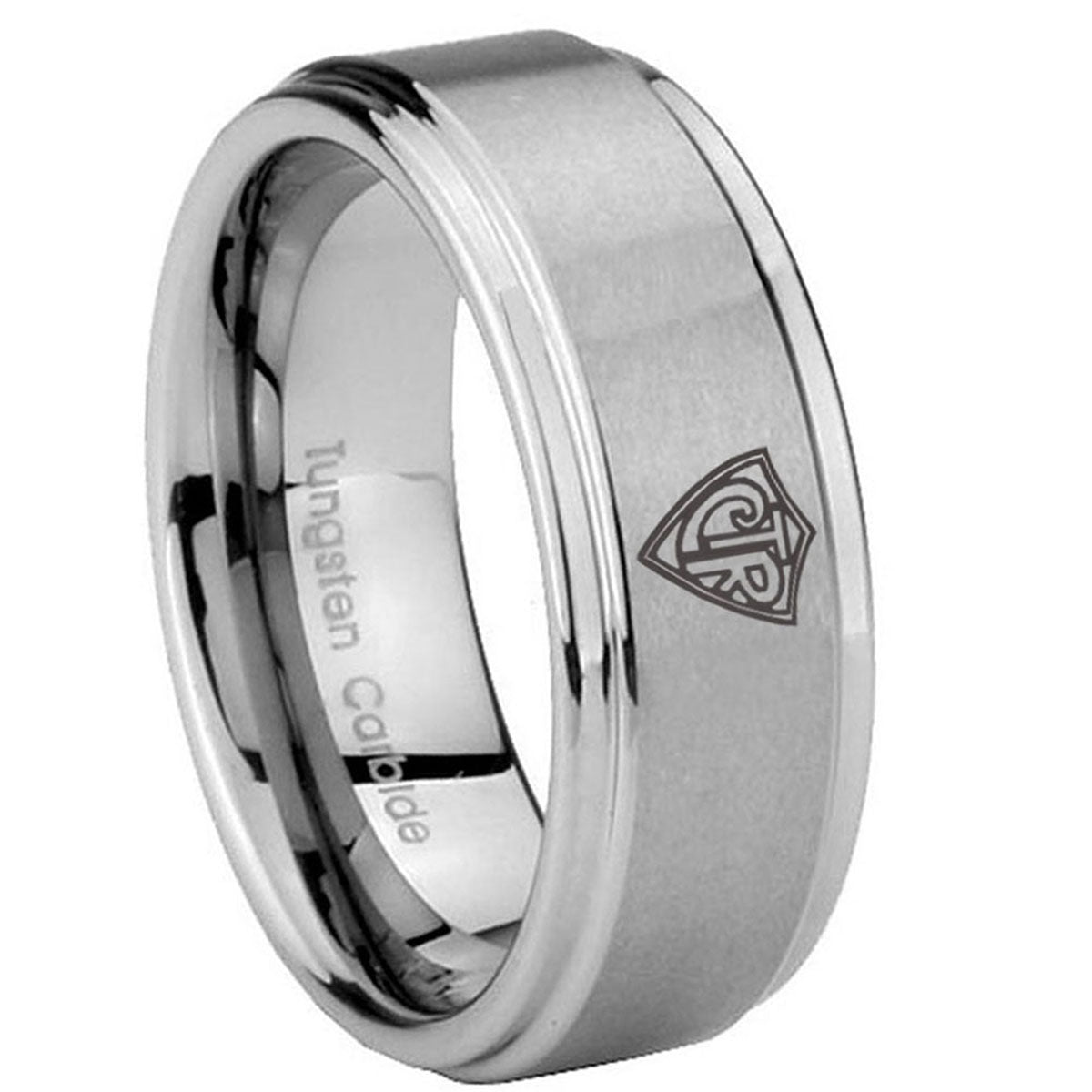 8mm CTR Step Edges Brushed Silver Tungsten Mens Wedding Ring