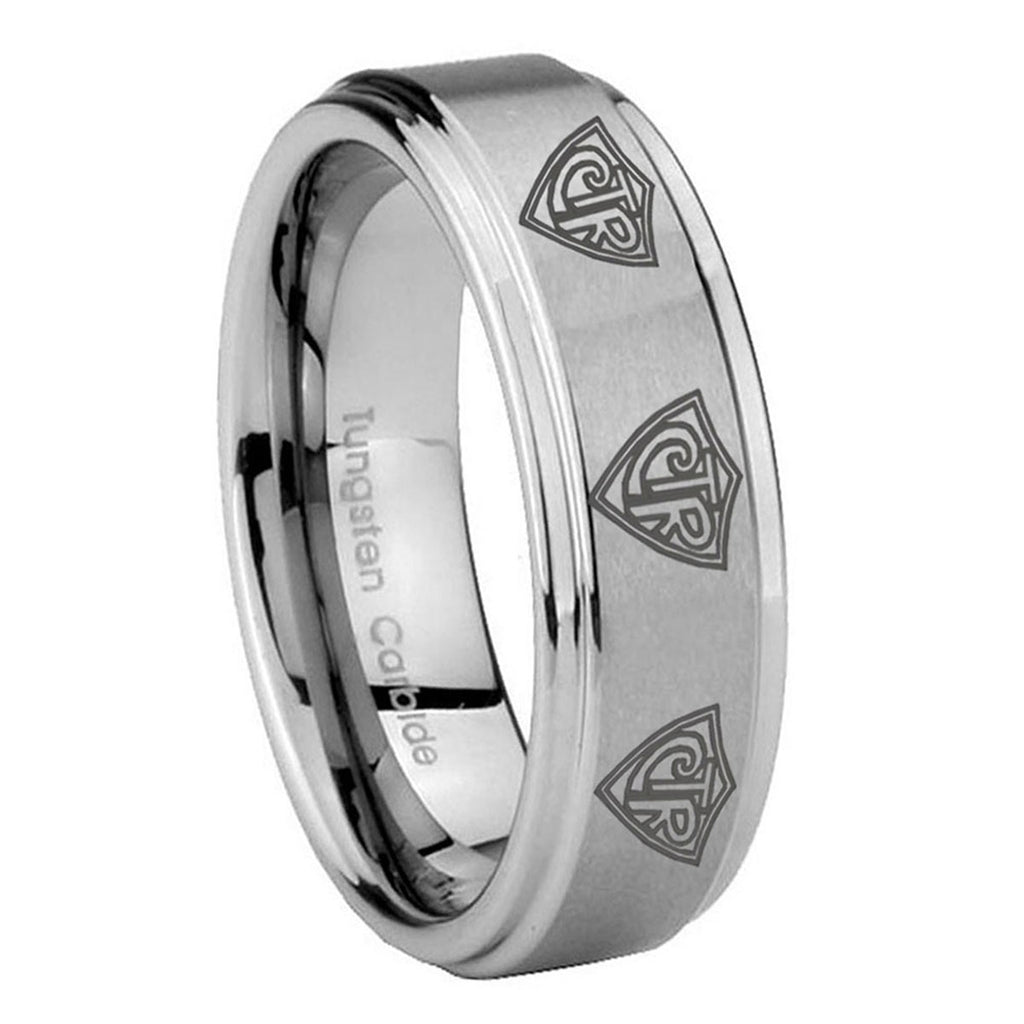 8mm Multiple CTR Step Edges Brushed Silver Tungsten Ring