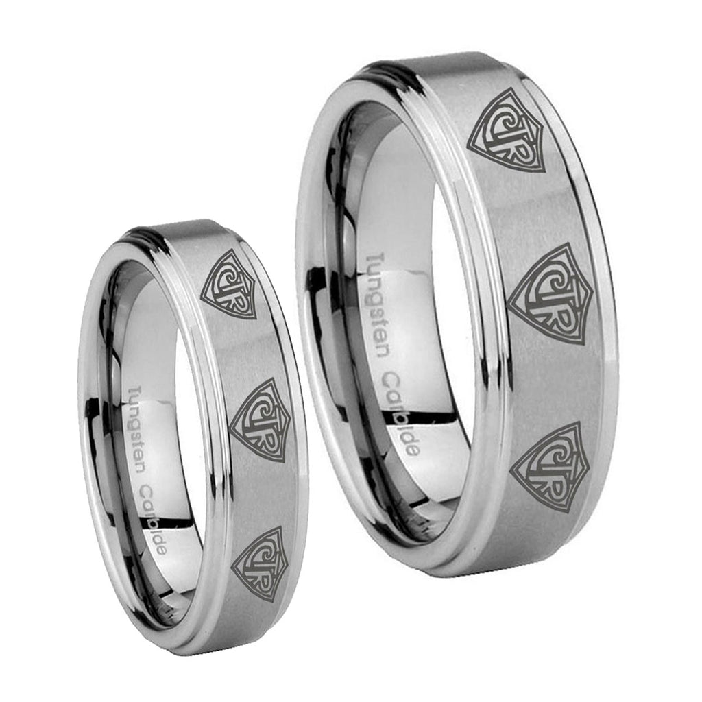 Multiple CTR Step Edges Brushed Tungsten Wedding Band Set