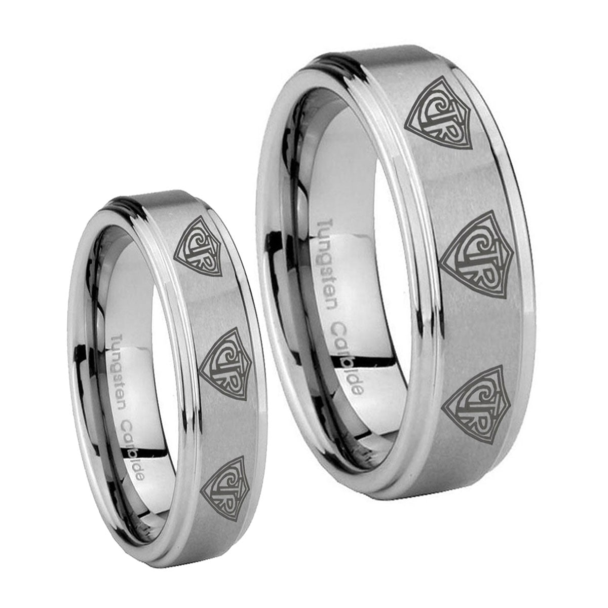 Multiple CTR Step Edges Brushed Tungsten Wedding Band Set
