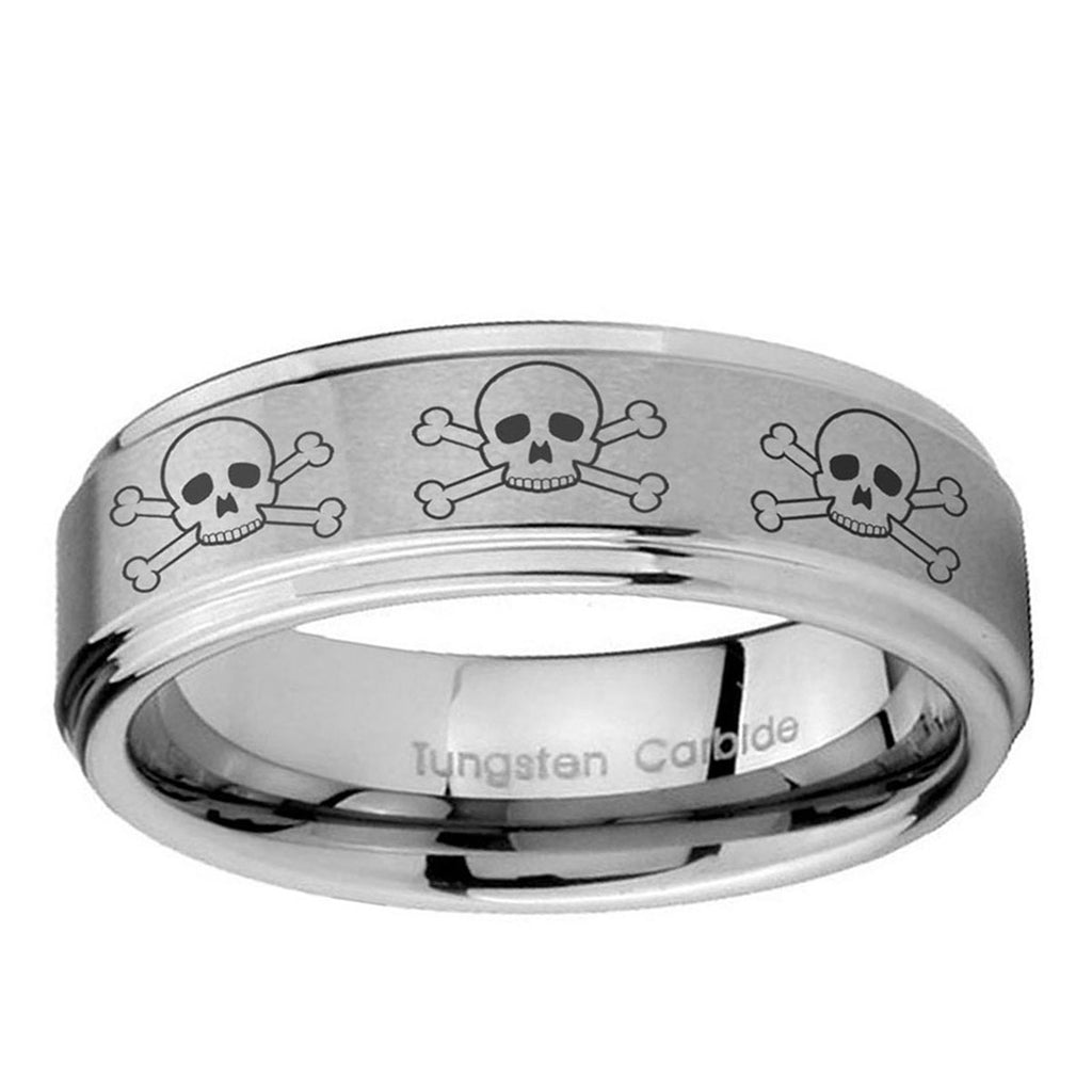 5mm Multiple Skull Step Edges Brushed Silver Tungsten Ring