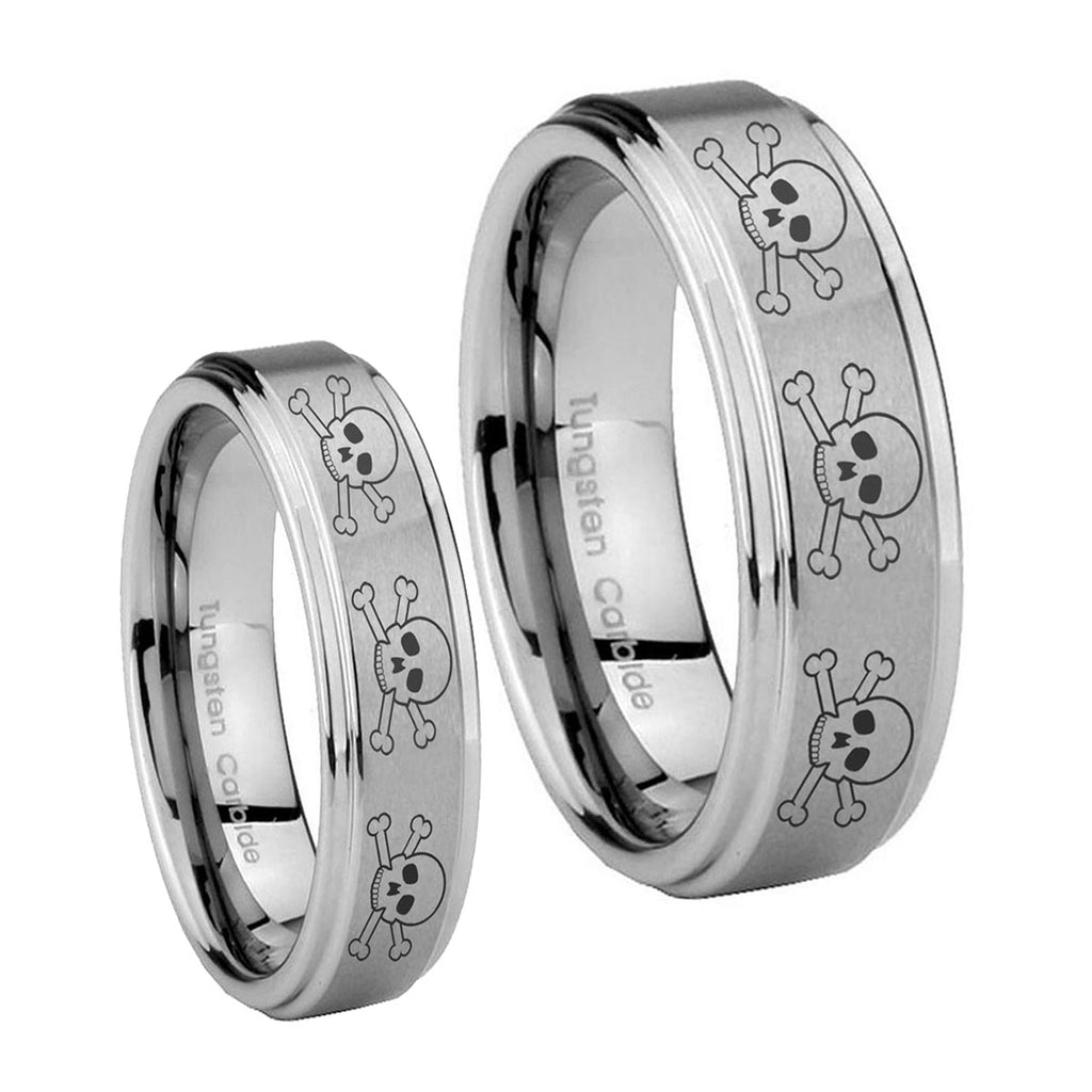 Multiple Skull Step Edges Brushed Tungsten Bridal Set Rings