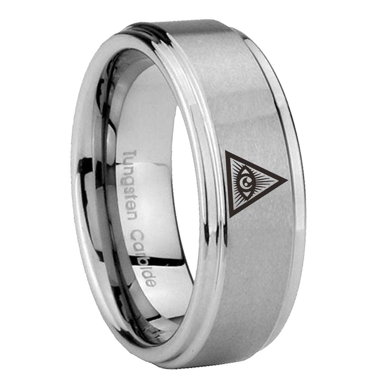 8mm Seeing Eye of God Step Edge Brushed Silver Ring Engraved