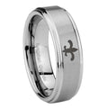 8mm Fleur-De-Lis Step Edges Brushed Silver Tungsten Ring