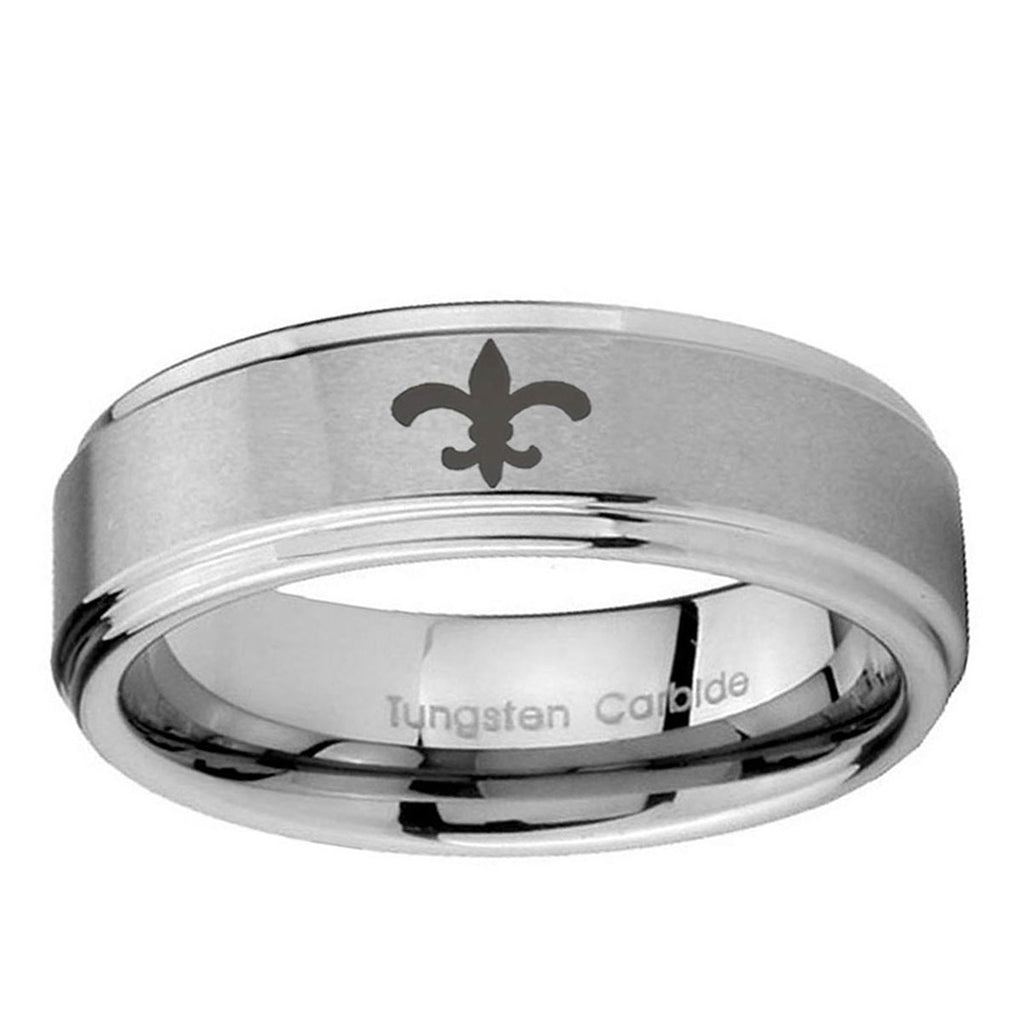 5mm Fleur-De-Lis Step Edges Brushed Silver Tungsten Ring