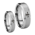 Fleur De Lis Step Edges Brushed Tungsten Promise Ring Set