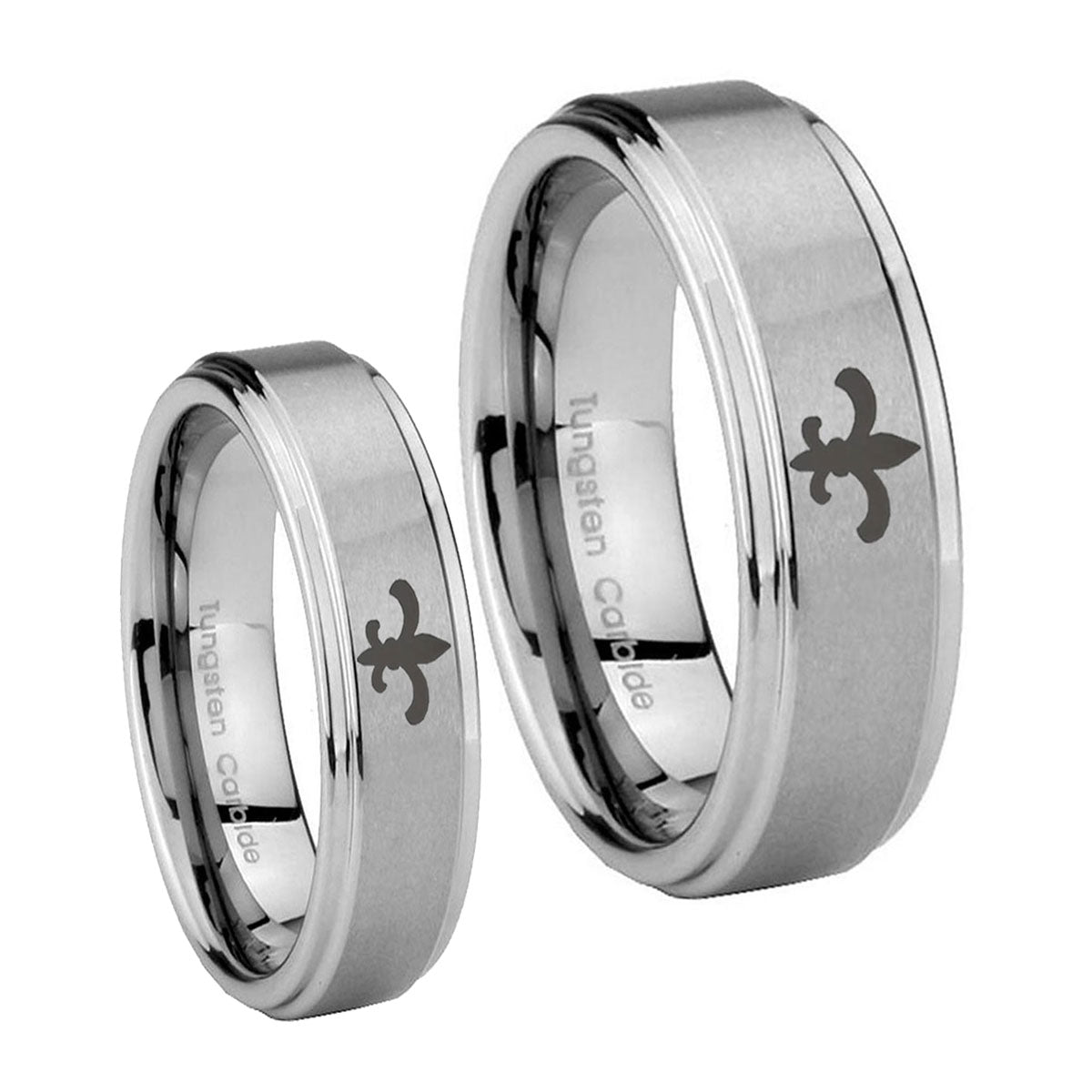 Fleur De Lis Step Edges Brushed Tungsten Promise Ring Set
