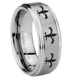 10mm-Multiple-Fleur-De-Lis-Step-Edges-Brushed-Tungsten-Carbide-Mens-Bands-Ring