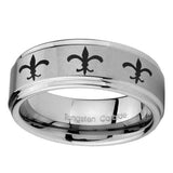 10mm-Multiple-Fleur-De-Lis-Step-Edges-Brushed-Tungsten-Carbide-Mens-Bands-Ring