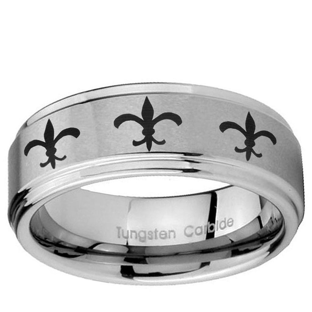 10mm Multiple Fleur-De-Lis Step Edge Brushed Tungsten Carbide Mens Bands Ring