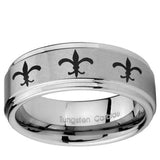5, 8mm Multiple Fleur-De-Lis Step Edge Brushed Tungsten Ring