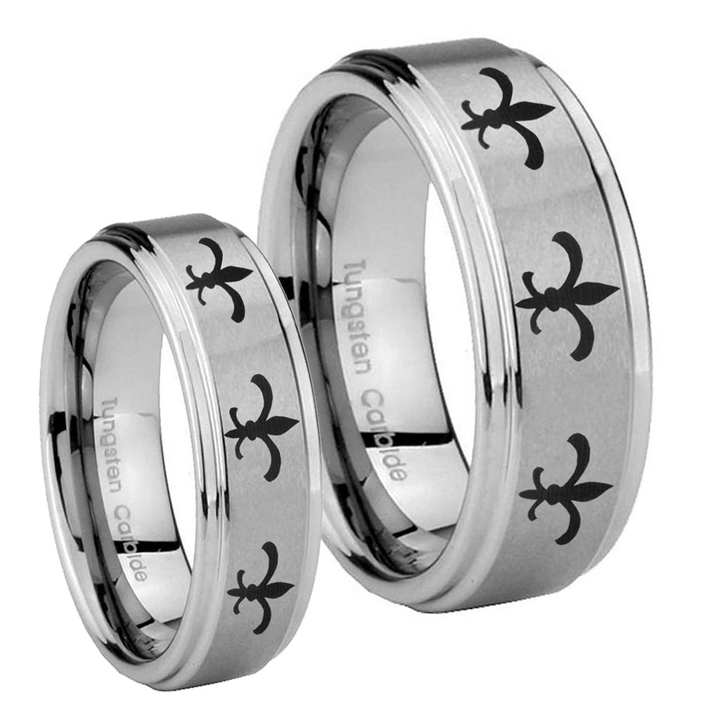 Multiple Fleur De Lis Step Edges Brushed Tungsten Couple Wedding Rings