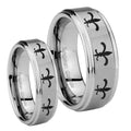 Multiple Fleur De Lis Step Edges Brushed Tungsten Couple Wedding Rings